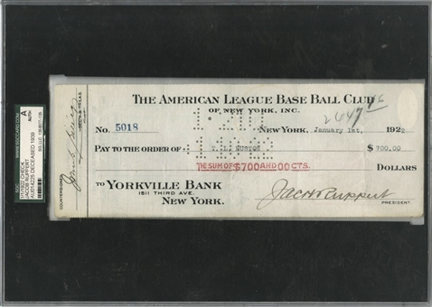1922 Jacob Ruppert Signed Yorkville Bank Check - SGC Auth